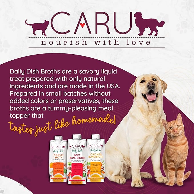 Caru - Daily Dish Beef Bone Broth - Meal Topper for Dogs & Cats - Supports Overall Pet Health - Pour-Over Broth for Wet/Dry Food - Human Grade Ingredients - Non-GMO - Made in USA - 12 Pack