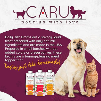Caru - Daily Dish Beef Bone Broth - Meal Topper for Dogs & Cats - Supports Overall Pet Health - Pour-Over Broth for Wet/Dry Food - Human Grade Ingredients - Non-GMO - Made in USA - 12 Pack