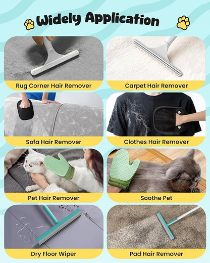 Carpet Rake for Pet Hair Removal Tool - 4 in 1 Pet Hair Remover Kit for Dog Cat Fur Remover, Contain 60" Adjustable Rubber Broom, Glove, Magic Brush and Scraper for Furniture (Blue)