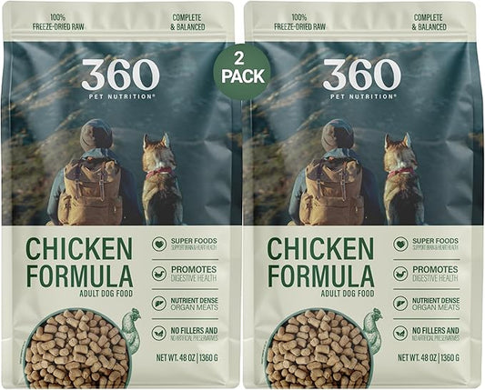 360 Pet Nutrition Freeze-Dried Raw Dog Food – Chicken Recipe with Liver & Organs, High Protein, Omega-3s, Fruits, Veggies & Superfoods, Grain-Free, No Filler 2 x 48 oz Made in USA