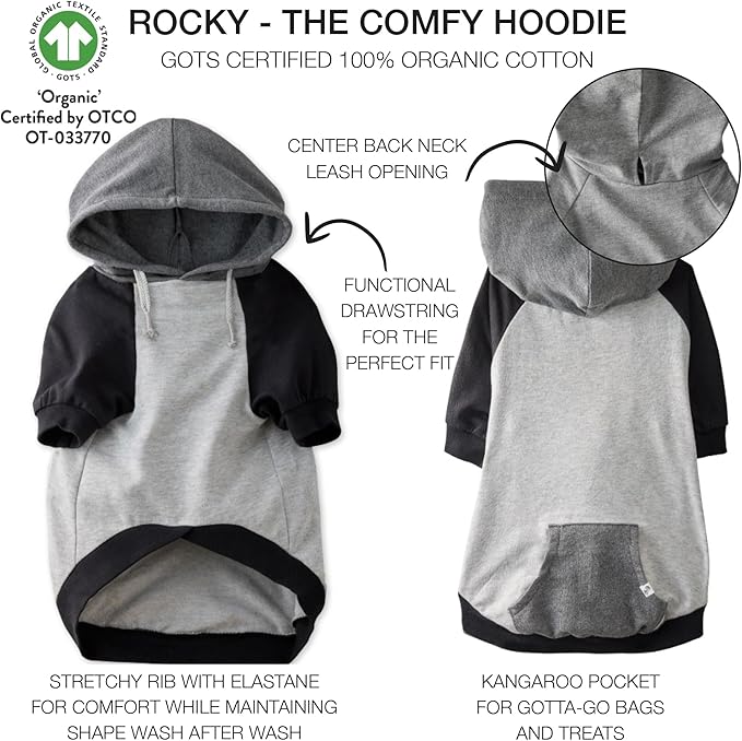 Pet Passion Rocky – The Original Lightweight Hooded Tee 100% Organic Cotton Dog Hoodie Pet Coat Sweater for All Sized Dogs, Heather Gray Color Block, XX-Small (4-7 lbs)
