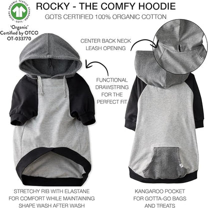 Pet Passion Rocky – The Original Lightweight Hooded Tee 100% Organic Cotton Dog Hoodie Pet Coat Sweater for All Sized Dogs, Heather Gray Color Block, X-Small (5-12 lbs)
