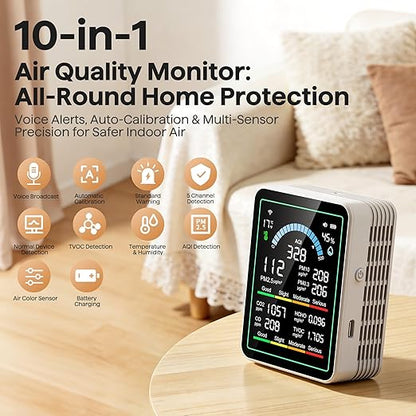 Air Quality Monitor Indoor, 10 in 1 Portable Smartair Quality Tester for CO2 | CO | TVOC | HCHO | Temp | AQI | PM0.3-1 Detection Hum for Home Cars Plants, Pets, Car, Hotel