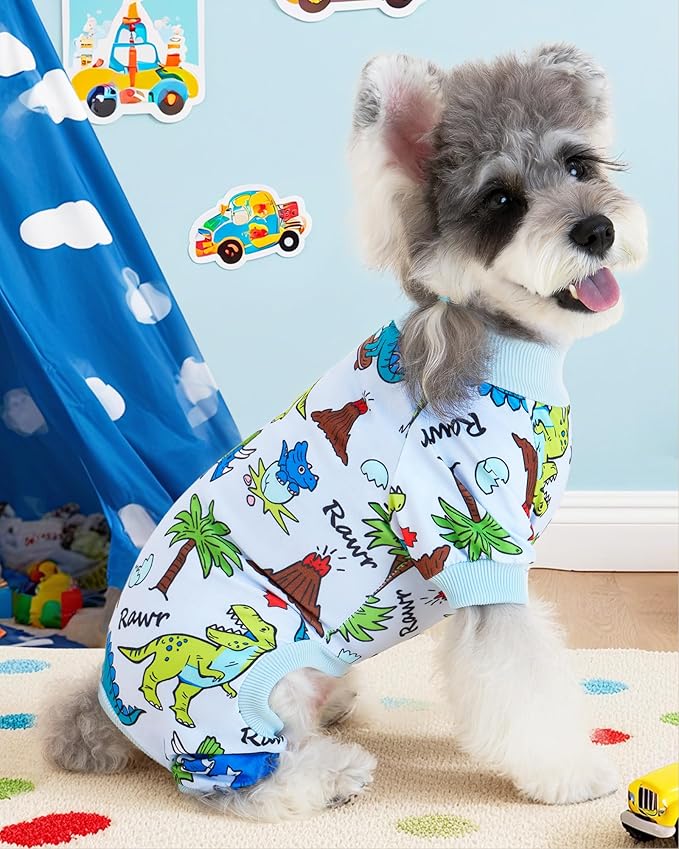 XPUDAC Dog Pajamas Dinosaur Dog Clothes for Small Medium Dogs Boy Girl Stretchy Cozy Pet Onesie with Feet Doggie Jammies Cat Apparel, S