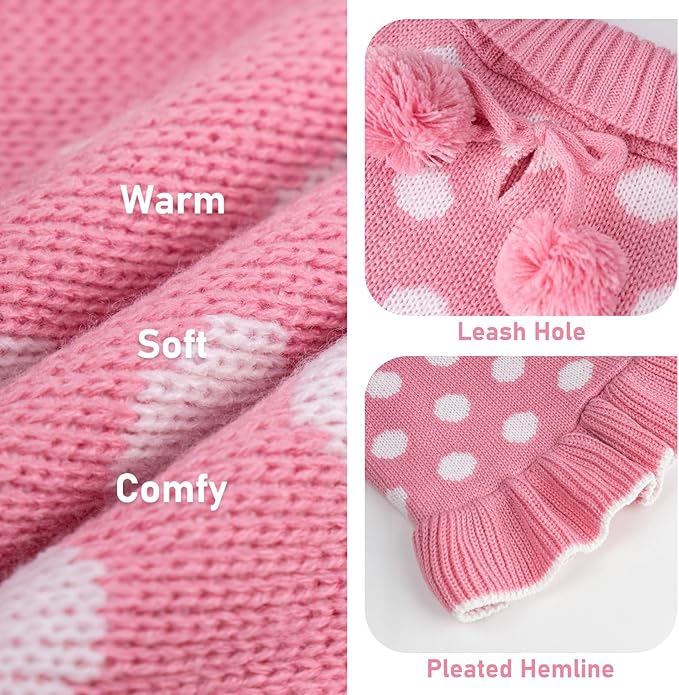 KYEESE Valentines Dog Sweater Dress, Warm Dog Sweaters Medium Large Size Dogs Girl, Cozy Pullover Pet Clothes Knit Pet Apparel with Leash Hole, Pink Dot, 2XL