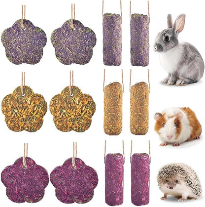 Jorewood 12PCS Rabbit Chew Sticks, Hanging Chew Sticks & Cakes Timothy Hay Rose Chrysanthemum Treat for Bunny Chinchilla Guinea Pig Hamster and Other Small Pets Molar Snack Toy