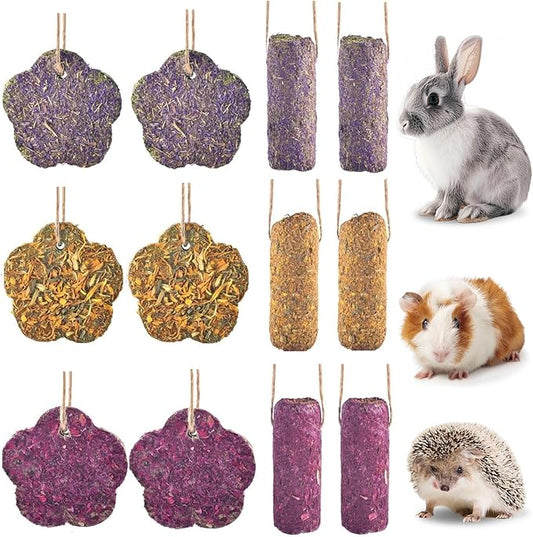 Jorewood 12PCS Rabbit Chew Sticks, Hanging Chew Sticks & Cakes Timothy Hay Rose Chrysanthemum Treat for Bunny Chinchilla Guinea Pig Hamster and Other Small Pets Molar Snack Toy