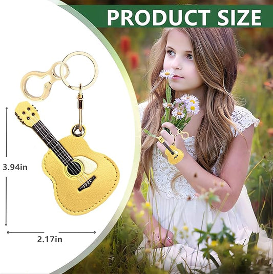 Leather Keychain Holder Case Compatible with AirTag,Cute Protective Cover with Keyring,Anti-Scratch Finder GPS Tracker Case for Wallet Keys,bag,pets,Backpack(Guitar Yellow)