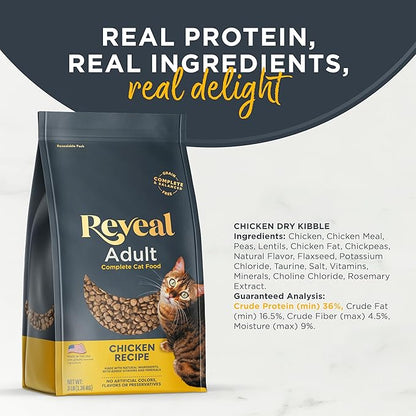 Reveal Natural Adult Dry Cat Food, High Protein, Grain Free with Added Vitamins & Minerals, Complete & Balanced Nutrition for Cats, Chicken Recipe (3 Pound Bag) (Pack of 2)