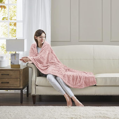 Madison Park Zuri Soft Plush Luxury Oversized Faux Fur Throw Animal Stripes Design, Faux Mink On The Reverse, Modern All Seasons Blanket for Bed, Sofa Couch, Office, Blush, 60x70