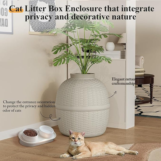 Cat Litter Box, Hidden Litter Box with Faux Plant, Heavy Duty Litterbox Enclosure Furniture with Rattan Pattern, PP Cat Box Enclosure Furniture for Living Room, Bedroom, White