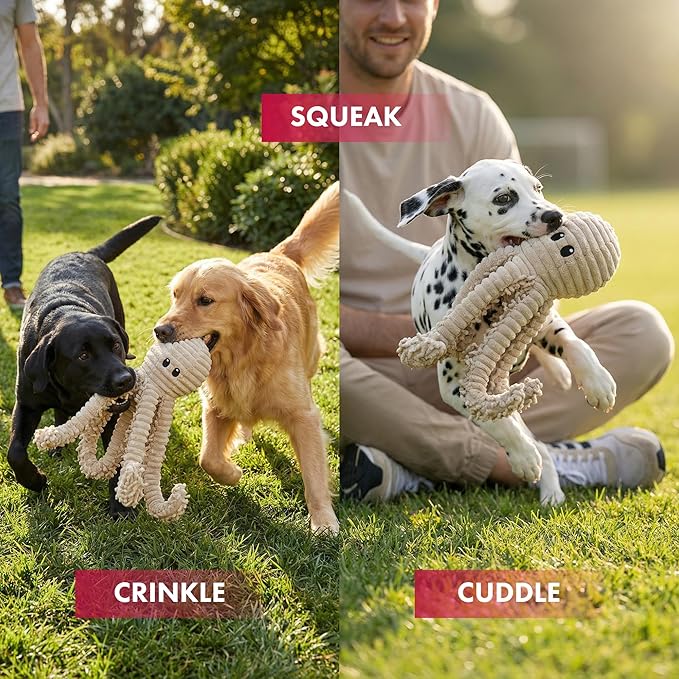 Pet Lou 18 Inch Octopus Plush Dog Toy with Squeaker and Crinkle Paper, 100% Natural Nubby Durable Plush Squeaky Toy for Indoor and Outdoor Play
