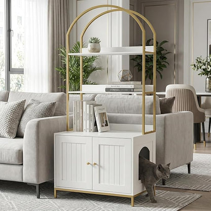 Homhedy Cat Litter Box Enclosure, Litter Box Furniture Hidden with 2-Tier Storage Shelves, Wooden Cat Washroom Furniture with Metal Frame, Modern Style, White and Gold