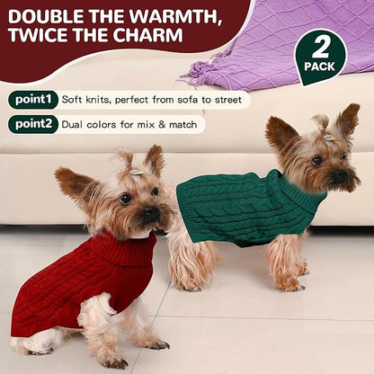 2 Pack Dog Sweaters for Small Dogs Winter Turtleneck Pullover Cable Knit Fleece Stretch Puppy Doggie Chihuahua Toy Poodle Yorkie Pomeranian Boy Girl Pet Clothes (XS, Red & Green)