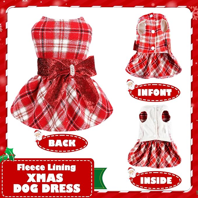Yikeyo Dog Sweater Dress,Fleece Lining Plaid Dog Dress Sequins Bow-Knot Dog Clothes Girl Pet Clothes Sweater Coats Cat Outfits Red,Medium