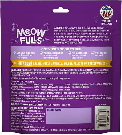 Stella & Chewy's Meowfulls Freeze Dried Cat Treats - Chicken & Chicken Liver Recipe - Raw Protein with Probiotics & Salmon Oil - 1 Calorie Per Treat - 1.5 oz