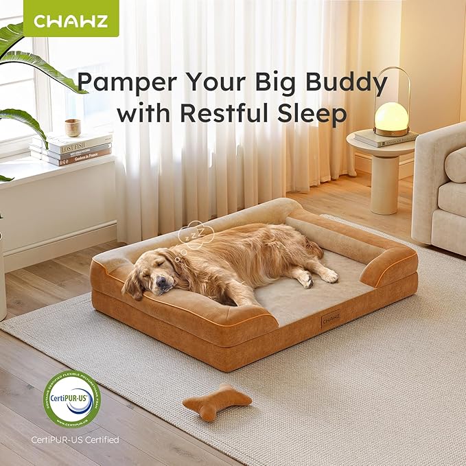 CWAWZ Jumbo Dog Bed for Extra Large Dogs, Orthopedic Dog Bed with Cooling Gel Memory Foam, Waterproof Pet Bed with Removable Washable Cover, 45" Pet Sofa Couch Dutch Velvet with Bone Toy, Brown