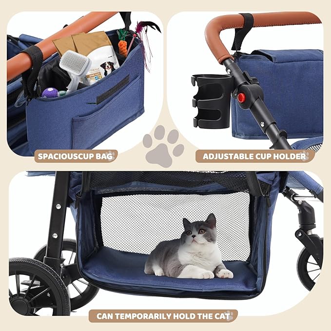 All-Terrain Pet Stroller for 2 Small Dogs/Cats, Heavy Duty 4-Wheel Dog Stroller for Medium Dogs up to 20 lbs, Foldable Pet Pram with Storage Basket, Cup Holder, Adjustable Handle & Weatherproof Cover