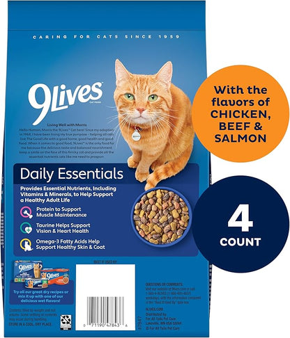 9Lives Daily Essentials Dry Cat Food for Adult Cats with Chicken, Beef & Salmon Flavors, 3.15 lb. Bag (Pack of 4)