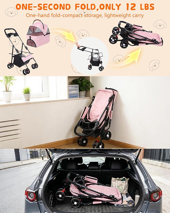 Pet Stroller with Removable Carrier, 35lbs Capacity - One-Click Foldable Dog Stroller, Cat Carrier & All-Terrain Wheels, Compact Travel Pet Stroller for Small to Medium Pets-Pink