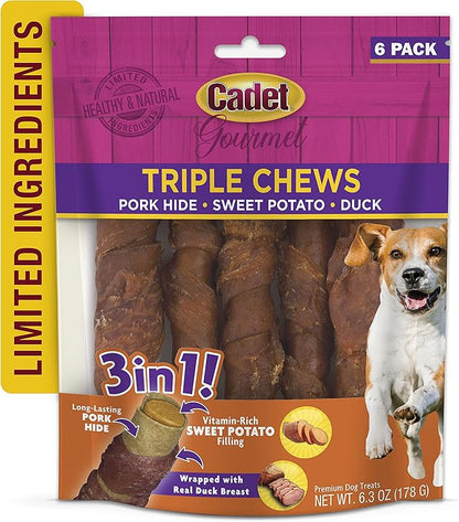 Cadet Gourmet Triple Chews Pork Hide, Sweet Potato, & Duck Dog Treats - Healthy Dog Treats for Small & Large Dogs - Inspected & Tested in USA (6 Count)