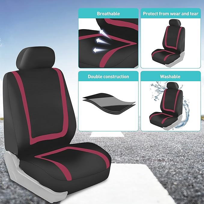 FH Group Car Seat Covers Full Set Cloth - Universal Fit Automotive Seat Covers, Low Back Front Seat Covers, Solid Back Seat Cover, Washable Car Seat Cover for SUV, Sedan and Van Burgundy