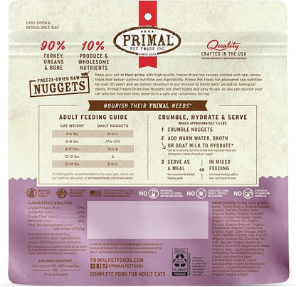 Primal Freeze Dried Raw Cat Food Nuggets Turkey, Complete & Balanced Meal or Topper, Premium, Healthy, Grain Free, High Protein Raw Cat Food with Probiotics (5.5 oz)