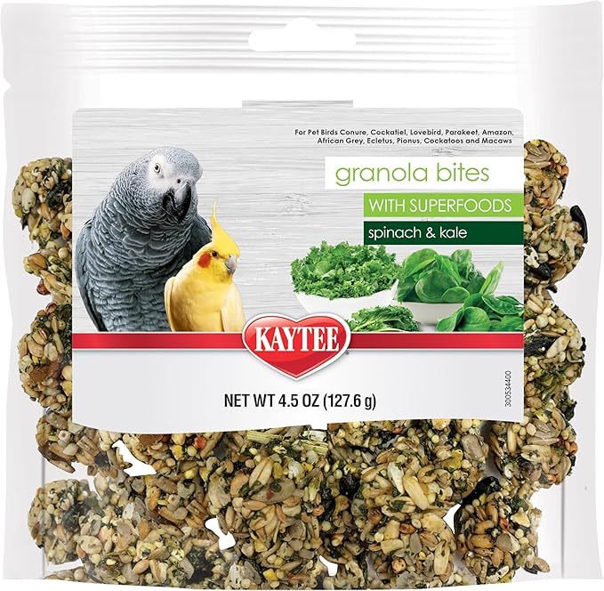 Kaytee Granola Bites with Super Foods Spinach and Kale for Pet Birds, Conure, Cockatiel, Lovebird, Parakeet, Amazon, African Grey, Ecletus, Pionus, Cockatoos and Macaws, 4.50 Ounce (Pack of 6)