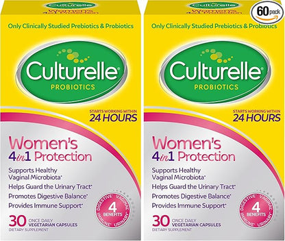 Culturelle 4-in-1 Probiotics for Women, Daily Probiotic & Prebiotic Supplement to Support Vaginal Health, Digestive Health, Immune Health, Occasional Diarrhea, Gas & Bloating Relief, Non-GMO, 30 Count