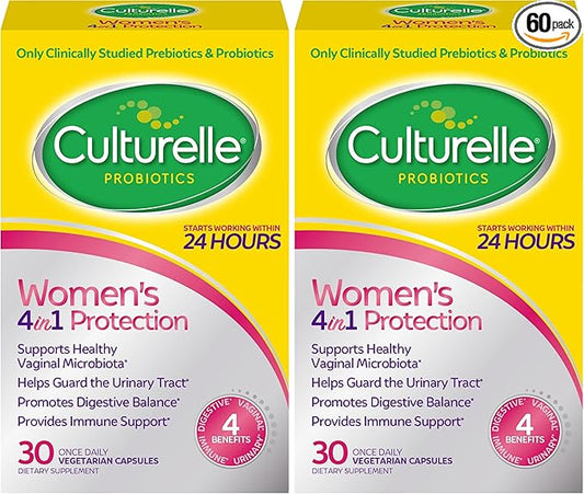 Culturelle 4-in-1 Probiotics for Women, Daily Probiotic & Prebiotic Supplement to Support Vaginal Health, Digestive Health, Immune Health, Occasional Diarrhea, Gas & Bloating Relief, Non-GMO, 30 Count