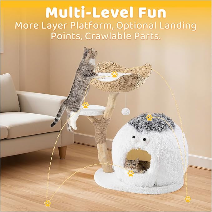 COSIEST 30.7" Modern Cat Tree for Indoor Cats, Sturdy Cat Tower with Scratching Post, Hanging Balls & MGO Trunks, Cat Condo with Woven Basket, Cute Aesthetic Cat Tree for Cats & Kittens, White