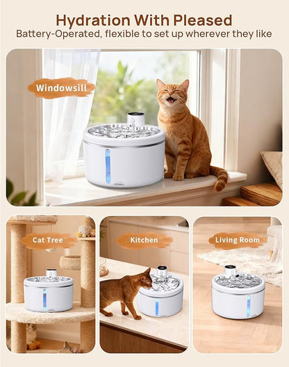 Wireless Cat Water Fountain with Stainless Steel Tray, 102oz/3L Pet Fountain for Cats Inside, Cat Fountain for Drinking with Motion Sensor, Ultra Quiet Pump for Pets&Small Animals (102oz+2Filters)