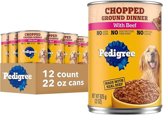 Pedigree Chopped Ground Dinner Adult Soft Wet Dog Food with Beef, Canned Dog Food, 22 oz. Cans, 12 Count