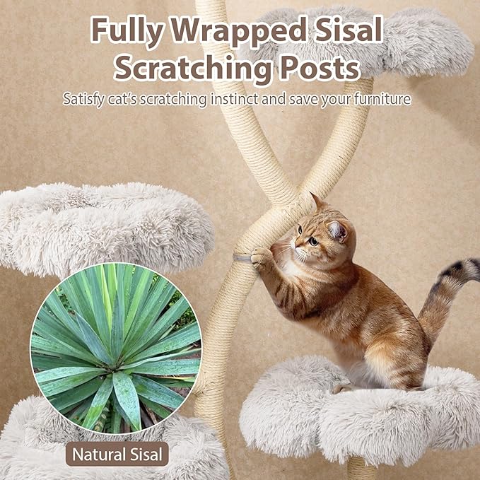 PETSITE 65 Inch Tall Cat Tree, Multi-Level Modern Cat Tree Tower with Sisal Scratching Posts, Cat Condo, Soft Long Plush Covered Platforms, Ideal for Indoor Cats Large Adult (Grey)