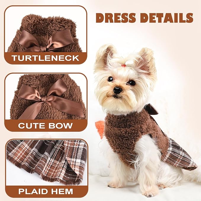 Yikeyo Dog Sweater Dress,Dog Dress Clothes Dresses for Small Dogs Girl Winter Fall Flannel Warm Pet Puppy Cat Tutu Princess Plaid Female Sweater (Medium, Brown)