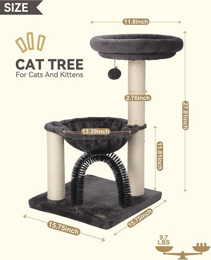 Simple Deluxe Small Cat Tree Tower for Indoor Cats, 5-in-1 27.8" Multi-Level Cat Tree with Scratching Posts, Plush Hammock, Perch, Self Groomer Brush, Dangling Ball for Kittens/Small Cats Play&Rest