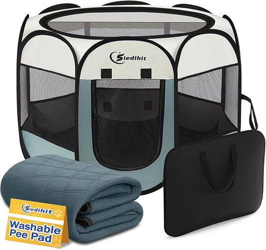 Siedihit Puppy Playpen for Large Dog Cat, Dogs Tent Crate Cage Indoor/Outdoor, Portable Pop Up Dog Kennel with Carrying Bag for Rabbits, Removable Top (Grey with Pad, Large)