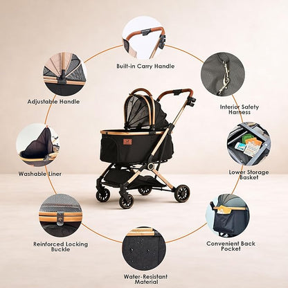 Dog Stroller with Detachable Carrier, Luxury 5 in 1 Pet Stroller for Small Dogs & Cats, Lightweight Foldable Cat Stroller with 360° Rotating Wheels, Travel Friendly, Detachable Pet Car Seat