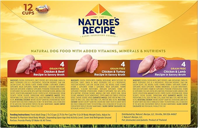 Nature's Recipe Grain Free Wet Dog Food Variety Pack, Chicken Recipes with Beef, Turkey & Lamb in Savory Broth, 2.75 oz. Cups (Pack of 48)