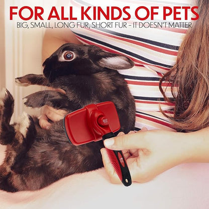 Self Cleaning Slicker Brush for Cat and Dog Coat - Detangler Dog Brush for Shedding & Grooming - Super Easy to Clean Deshedding Grooming Tool Removes Loose Pet Hair, Mats and Tangles (Red)