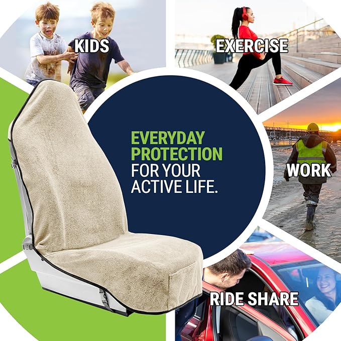 Season Guard Terry Cloth Sweat Towel Seat Cover; Carseat Towel Protector; Great for Gym Workout; Waterproof; Universal Fit for Car SUV Van Truck; EZ fit; Non Slip Grip; Machine Washable; 2pc Tan