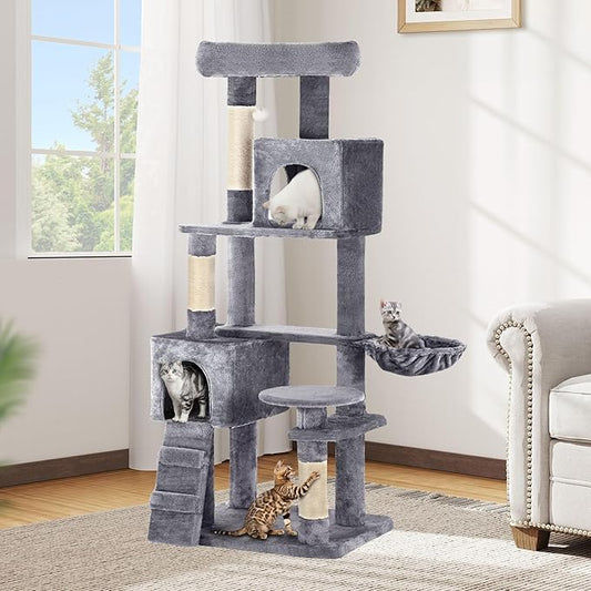 DWVO Cat Tower 70.8in for Indoor Cats: Multi-Tiered Feline Furnishing with Snug Cat Bed, Scratch Poles, Feline Window Cushioned Plush Roost for Young Cats Animal Activity Center Light Gray
