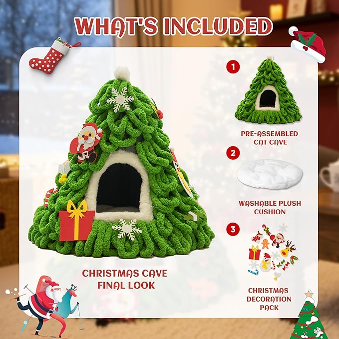 PETKARAY Cat Cave Bed for Indoor Cats, Pre-Assembled Cozy Felt Cat House with Plush Cushion, Christmas Tree–Inspired Design