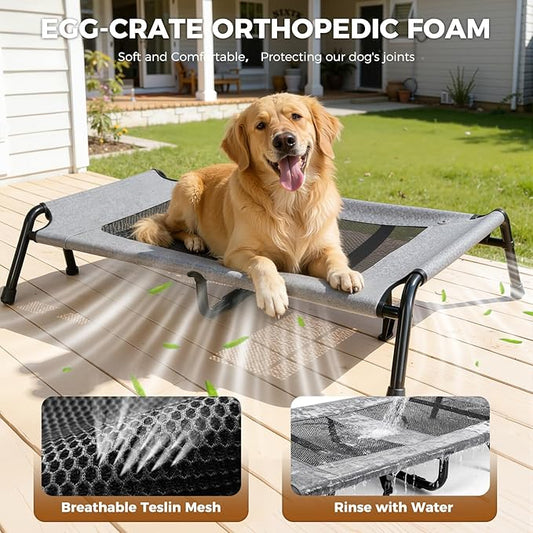 Lekereise Raised Outdoor Large Dog Bed Cot + Orthopedic Indoor Dog Sofa Bed, 2-in-1 Design,43 x 32 Inch Cooling Elevated Puppy Bed with Egg-Crate Orthopedic Foam Load 110lbs