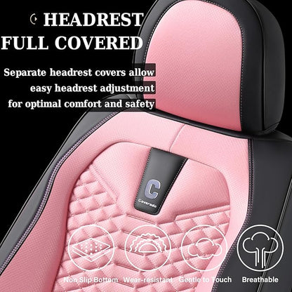 Coverado Front Seat Covers, 2 PCS Pink Seat Cover for Cars, Breathable Fabric& Faux Leather Seat Cover, Driver Seat Cushion, Car Seat Protector Universal Fit Most Cars, Trucks, SUV