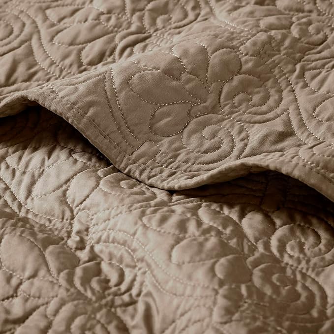 Madison Park Throw Blanket - Reversible Damask Quilting Design, Soft Pre-washed Microfiber, Cotton Filled Spread, Cozy Summer Blanket - Throw for Living Room Couch, Sofa, Bed, Quebec, 60x70", Khaki