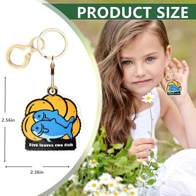 Leather Airtag Keychain Case Holder,Cute Protective Apple Air Tag Cover with Key Ring,Anti-Scratch Hidden Finder GPS Tracker Case for Wallet Keys,Bag,Pets,Backpack(Five Loaves Two Fish)