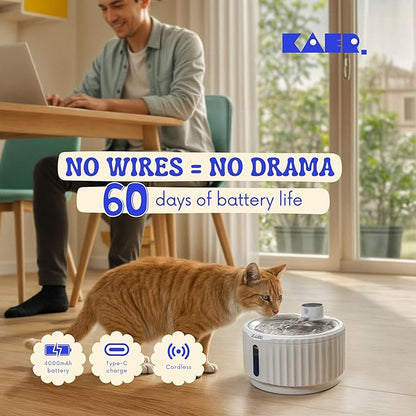 KAER Wireless Cat Water Fountain, 2.8L, Battery Operated, BPA-Free, Stainless Steel, Ultra-Quiet Pet Fountain with 3 Water Flows & Smart Motion Sensor, Aesthetic Bowl, 5-Layer Filtration, 4000mAh