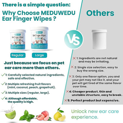 MEDUWEDU Ear Cleaner Finger Wipes 60 Counts, Dog Ear Cleaner, Grooming Kit Care for Dogs and Cats, Soft & Easy Otic Cleaning Pads, Remove Wax, Dirt & Stop Smelly, Itchy, Non-Irritating, Peach Scent