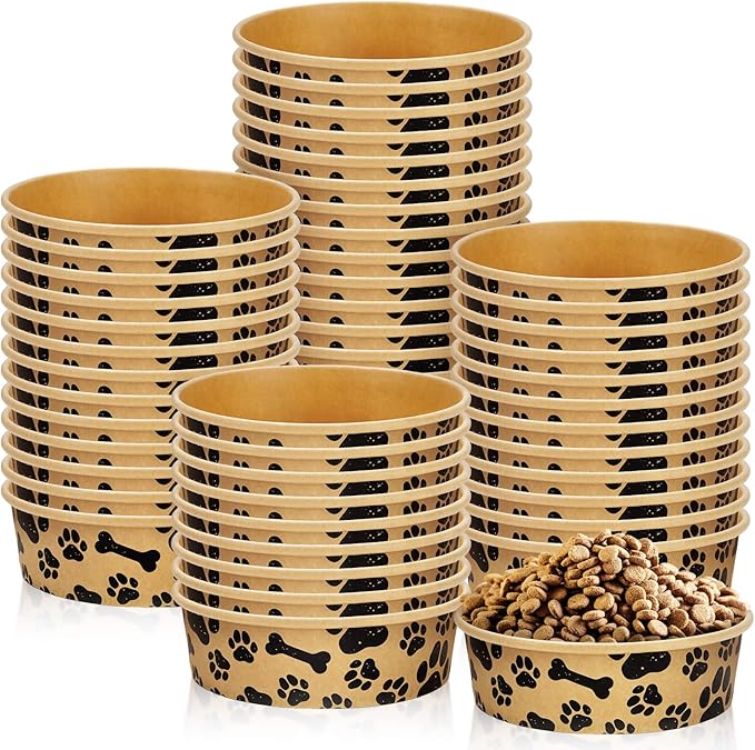 Whaline 50Pcs Disposable Feeding Bowls Cute Kraft Paper Dog Bowls Small Dog Dish 16 Ounces 2 Cup Pet Food Bowls Serving Food Tray for Puppy Cat Travel Wet Dry Food Water